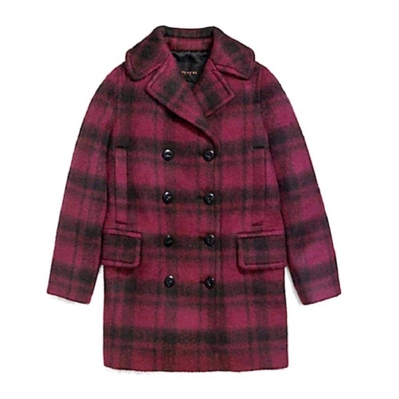 Coach Jackets & Blazers - COACH Red Black Plaid Wool Button Up Plaid Coat
